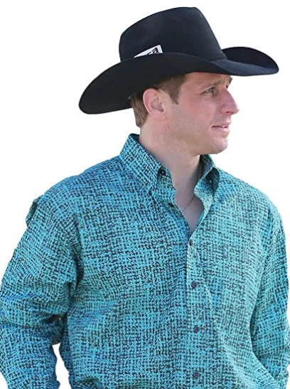 Cinch Men's Turquoise and Print Button Long Sleeve Shirt Turquoise Small